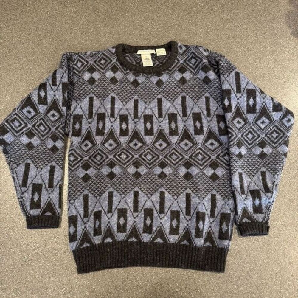 Vintage Umberto Severi 100% Wool Made In‎ Italy Geometric Blue Grandpa Sweater M